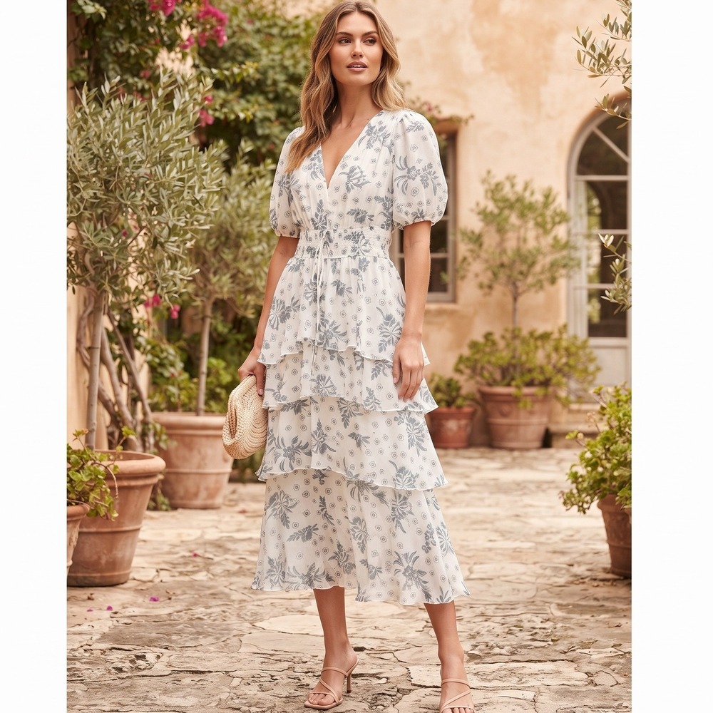 J. GEE Tiered Midi Dress Wmns M White Blue Floral Puff Sleeve Smocked Excellent